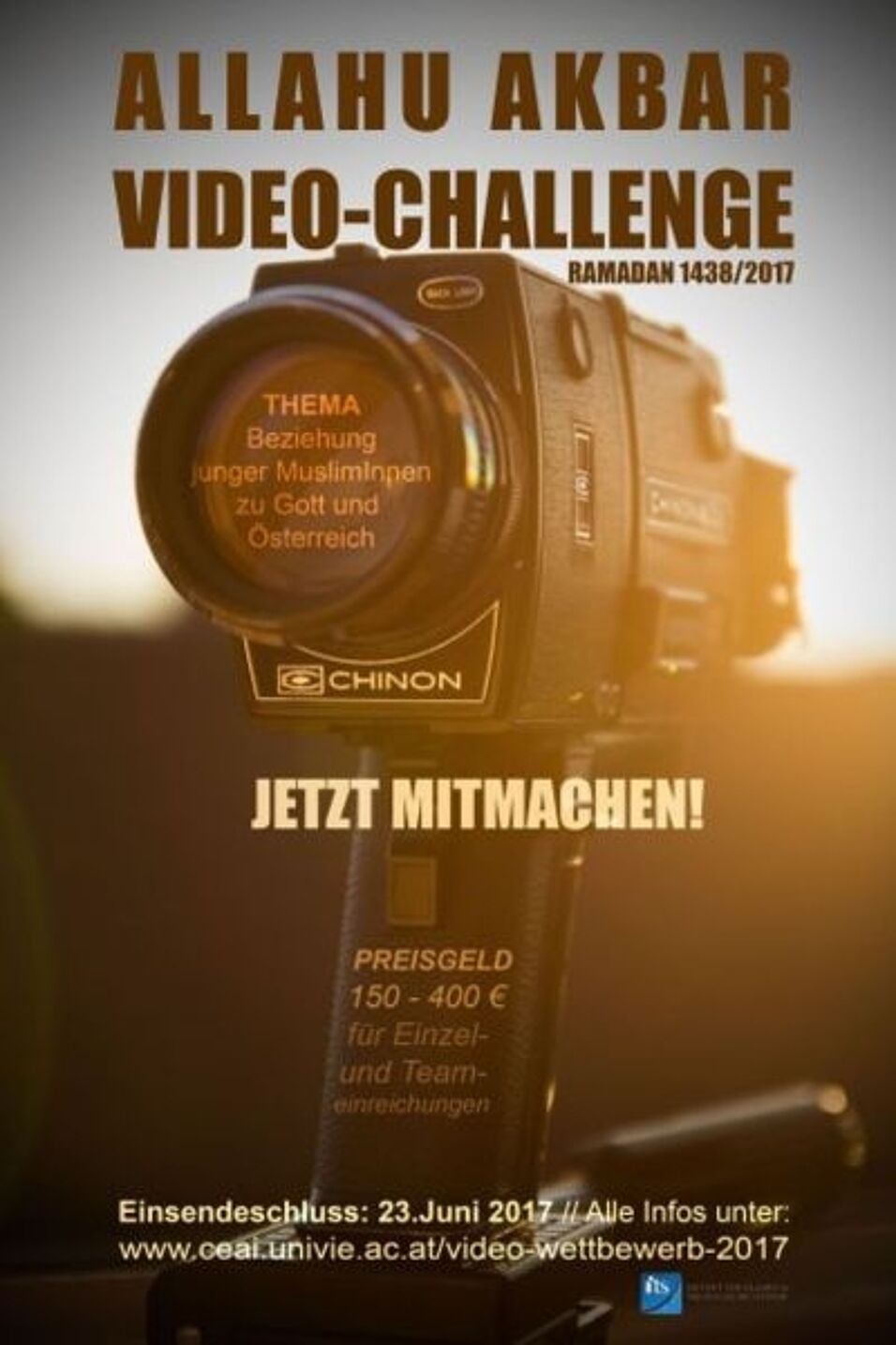 Enlarge in new tab. Poster with photo of a video camera in front of a sunset; information about the challenge on it