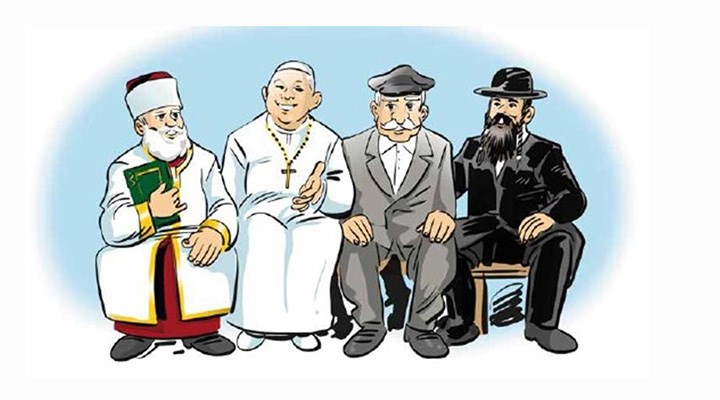 Bild: Zeichnung von Männern verschiedener Glaubensrichtungen
